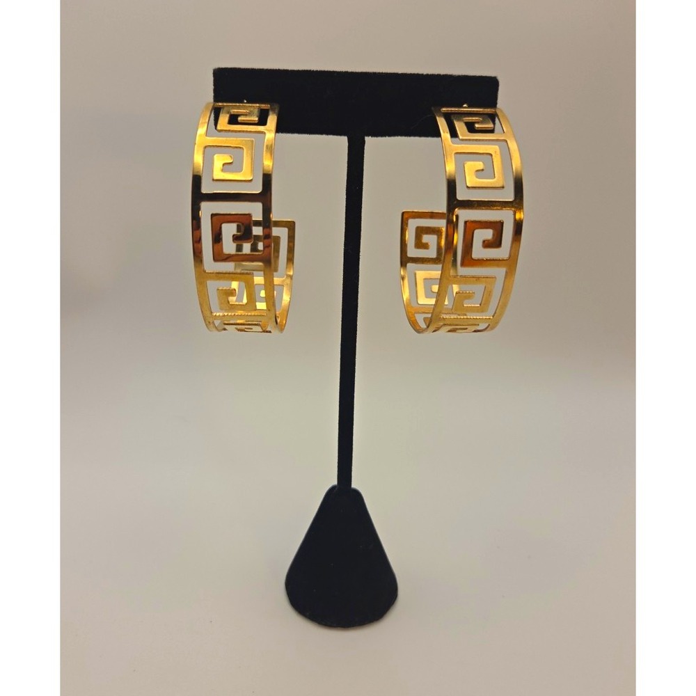 Gold Tone Greek Key Pattern Round Hoop Earrings for pierced ears